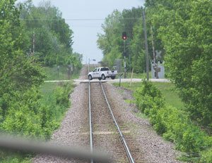 Truck crossing railroad tracks