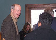 Democrat Ed Fallon talks with a reporter before the announcement he will run for Congress