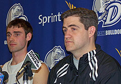 Drake coach Keno Davis (right) with Adam Emmenecker prior to the NCAA tournament.