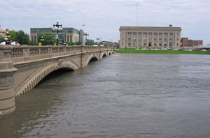 The Des Moines River is near the top of this downtown bridge in Des  Moines.