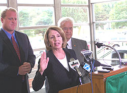 Iowa Governor Chet Culver, House Speaker Nancy Pelosi and Congressman Leonard Boswell at Des Moines North High School.