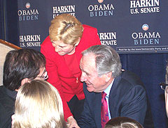 Senator Tom Harkin and his wife Ruth greet supporters after winning re-election.