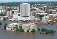 Downtown Cedar Rapids surrounded by floodwater in June.