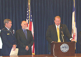 General Ron Dardis, Coralville Mayor Jim Fausett, Governor Chet Culver. (L to R)