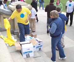 Supporters of gay marriage put on t-shirts with a blue dot.