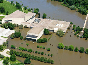 Clapp Recital Hall, Voxman Music Building and Hancher Auditorium surrounded by flood water in June 2008.