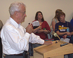 Congressman Leonard Boswell talks at town hall meeting in Sigourney.