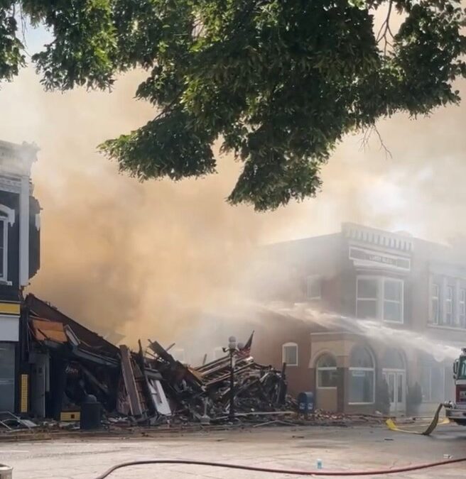 Most of burning building on Albia’s town square toppled to stop fire’s spread