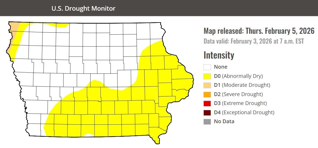 Only three Iowa counties are in drought, but almost half are very dry